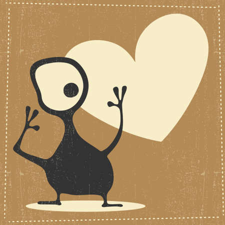 Funny black monster with emotions and chat cloud on brown grunge background, cartoon illustration.のイラスト素材