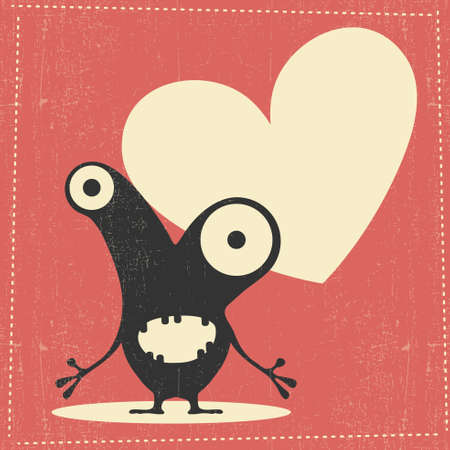 Funny black monster with emotions and chat cloud on red grunge background,のイラスト素材