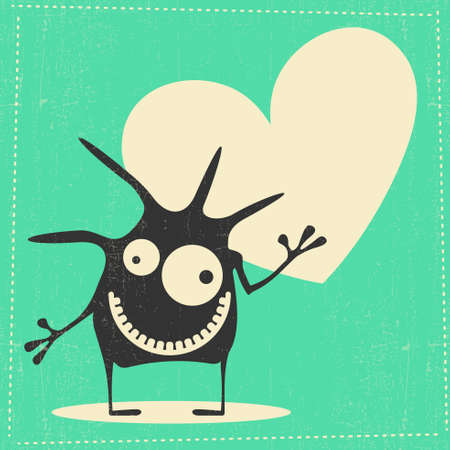 Funny black monster with emotions and chat cloud on aqua green grunge background,のイラスト素材