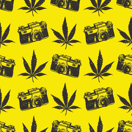 Decorative seamless pattern with black cannabis leaves and old camera on yellow background, wrapping paper. vector illustrationのイラスト素材
