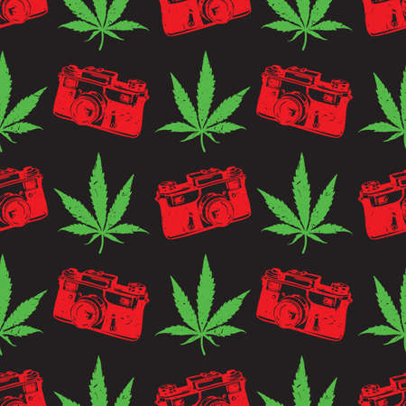 Decorative seamless pattern with green and red marijuana leaves and old camera on black background, wrapping paper. vector illustrationのイラスト素材
