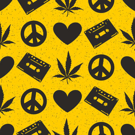 Hippie seamless pattern with marijuana leaves,  cassette records, heart, peace symbol on yellow background. Wrapping paper. Vector illustrationのイラスト素材