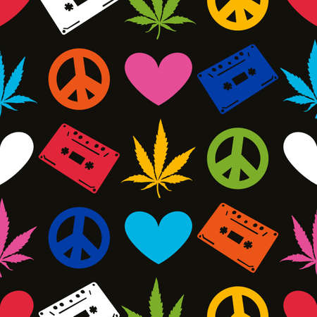 Color Hippie seamless pattern with marijuana leaves,  cassette records, heart, peace symbol on black background. Wrapping paper. Vector illustrationのイラスト素材
