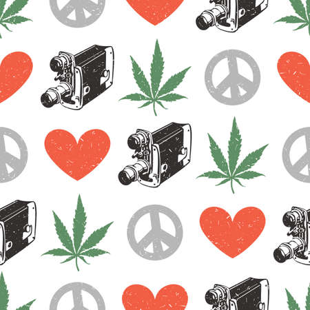 Hippie seamless pattern with marijuana leaves,  old camera, heart, peace symbol isolated on white wrapping paper.のイラスト素材