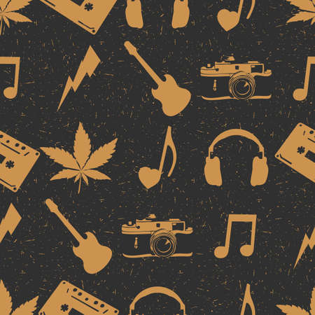 Hippie seamless pattern with marijuana leaves, headphones, old camera, heart, guitar,  music note, cassette records on dark background. Wrapping paper. Vector illustrationのイラスト素材