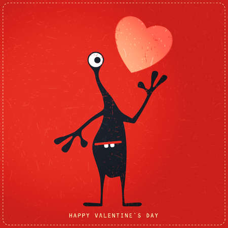 Cute Monster with emotions and heart on retro red grunge background. Cartoon illustration. Valentine`s day gift card.のイラスト素材