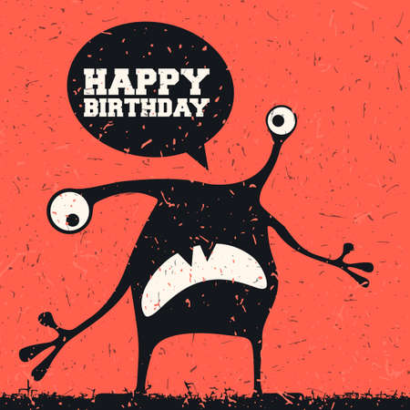Cute monster with emotions and chat bubble with text Happy birthday on grunge orange background, vector illustrationのイラスト素材