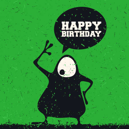 Cute monster with emotions and chat bubble with text Happy birthday on grunge green background, vector illustrationのイラスト素材