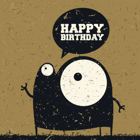 Cute monster with emotions and chat bubble with text Happy birthday on grunge brown background, vector illustrationのイラスト素材