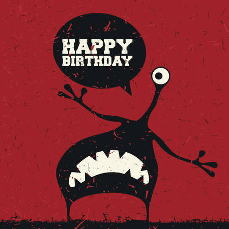 Cute monster with emotions and chat bubble with text Happy birthday on grunge dark red background, vector illustrationのイラスト素材