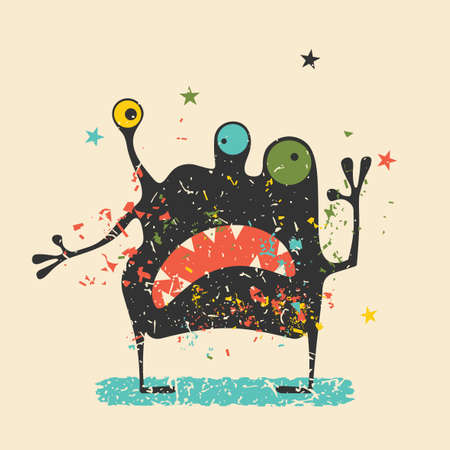 Cute black monster with emotions on retro grunge background. Cartoon illustration.のイラスト素材