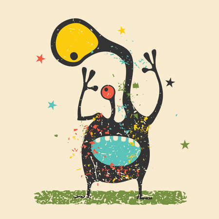 Cute black monster with emotions on retro grunge background. Cartoon illustration.のイラスト素材