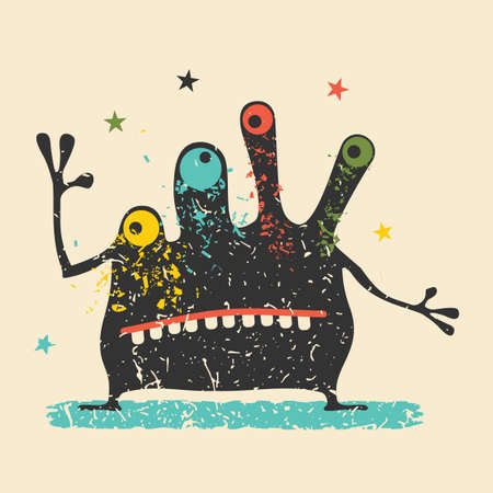 Cute black monster with emotions on retro grunge background. Cartoon illustration.のイラスト素材