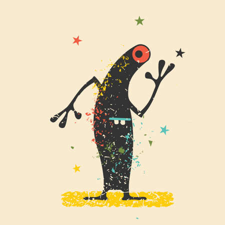 Cute black monster with emotions on retro grunge background. Cartoon illustration.のイラスト素材