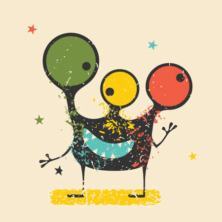 Cute black monster with emotions on retro grunge background. Cartoon illustration.のイラスト素材
