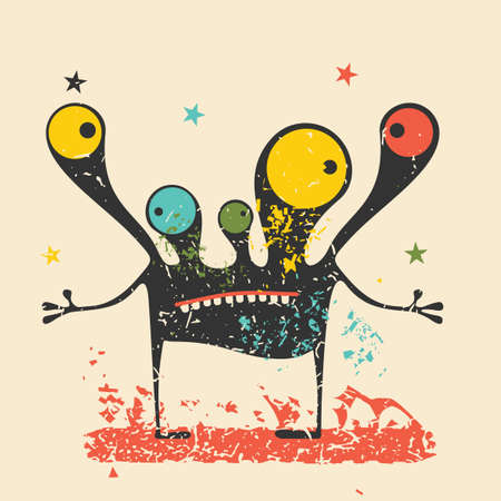 Cute black monster with emotions on retro grunge background. Cartoon illustration.のイラスト素材