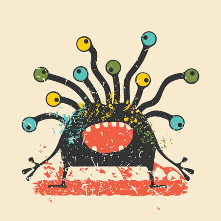 Cute black monster with emotions on retro grunge background. Cartoon illustration.のイラスト素材