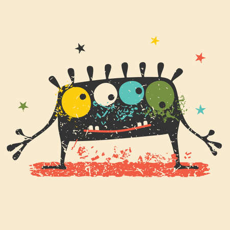 Cute black monster with emotions on retro grunge background. Cartoon illustration.のイラスト素材