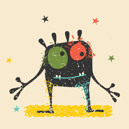 Cute black monster with emotions on retro grunge background. Cartoon illustration.のイラスト素材