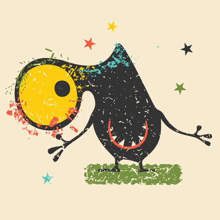Cute black monster with emotions on retro grunge background. Cartoon illustration.のイラスト素材