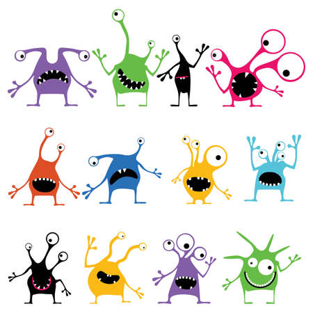Set of twelve color cute monsters with emotions, isolated on white. Cartoon illustrationのイラスト素材