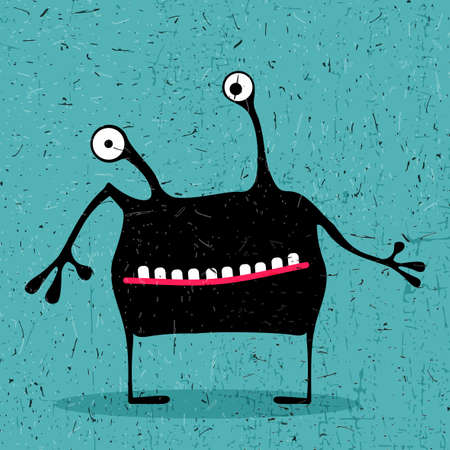 Cute black monster with emotions on grunge light blue background. cartoon illustration.のイラスト素材