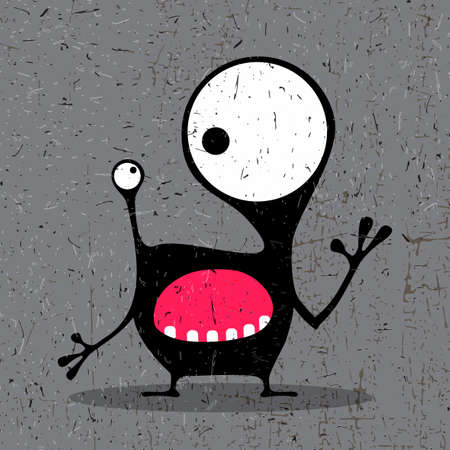 Cute black monster with emotions on grunge grey background. cartoon illustration.のイラスト素材