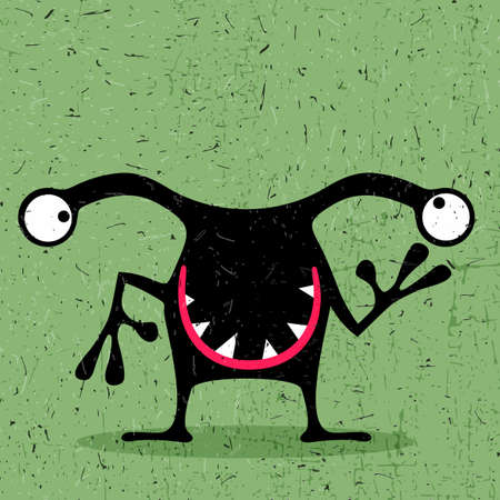 Cute black monster with emotions on grunge green background. cartoon illustration.のイラスト素材
