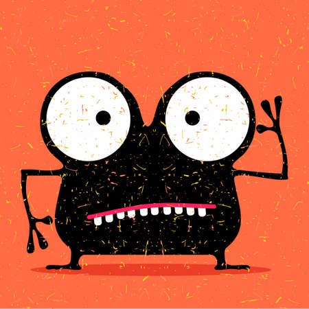 Cute black monster with emotions on grunge orange background. cartoon illustration.のイラスト素材