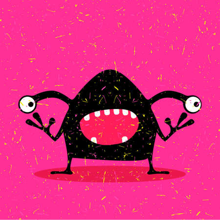 Cute black monster with emotions on grunge pink background. cartoon illustration.のイラスト素材