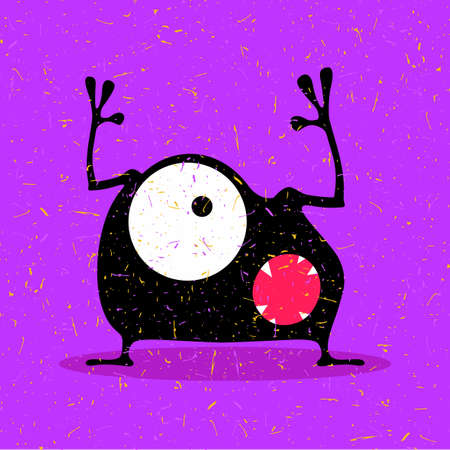 Cute black monster with emotions on grunge purple background. cartoon illustration.のイラスト素材