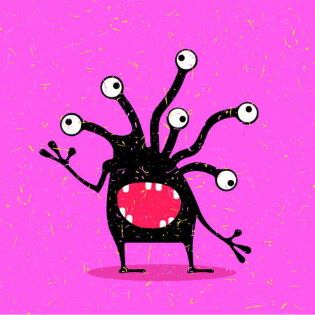 Cute black monster with emotions on grunge pink background. cartoon illustration.のイラスト素材