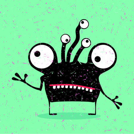 Cute black monster with emotions on grunge green background. cartoon illustration.のイラスト素材