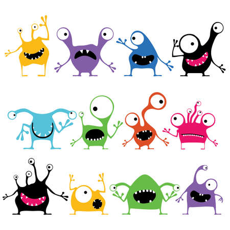 Set of twelve cute color monsters with different emotions isolated on white, cartoon illustrationのイラスト素材