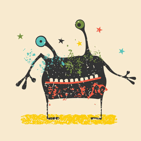 Cute black monster with emotions on retro grunge background. Cartoon illustration.のイラスト素材