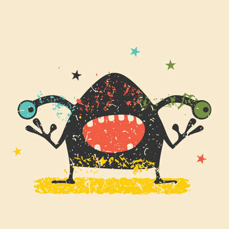 Cute black monster with emotions on retro grunge background. Cartoon illustration.のイラスト素材