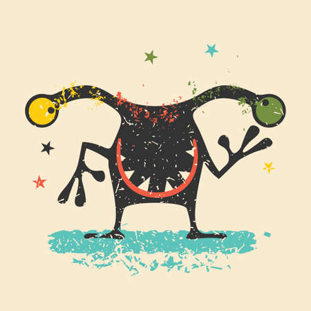 Cute black monster with emotions on retro grunge background. Cartoon illustration.のイラスト素材