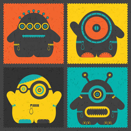 Set of four retro postage`s stamp with funny monsters on different color background. Cartoon illustration.のイラスト素材
