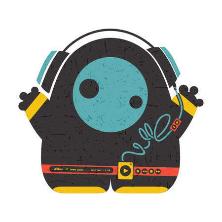 Funny characters with audio player listening music in headphones isolated on white . cartoon illustration with grunge shapes.のイラスト素材