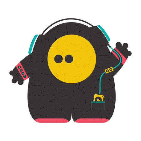 Funny characters with audio player listening music in headphones isolated on white . cartoon illustration with grunge shapes.のイラスト素材