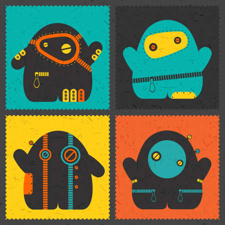 Set of four retro postage`s stamp with funny monsters on different color background. Cartoon illustration.のイラスト素材