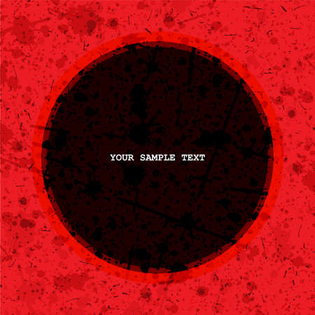 Black circle with place for text on red grunge background. Water splash, dirty shapes. Vector illustrationのイラスト素材