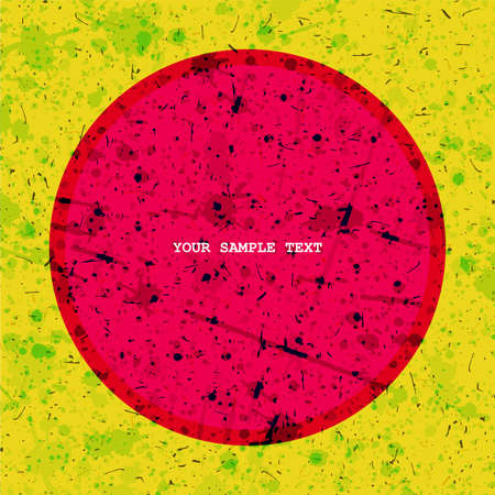 Pink circle with place for text on yellow grunge background. Water splash, dirty shapes. Vector illustrationのイラスト素材