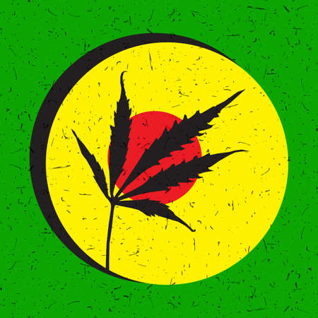Cannabis leaf in yellow and red circle on green grunge background. Vector illustrationのイラスト素材