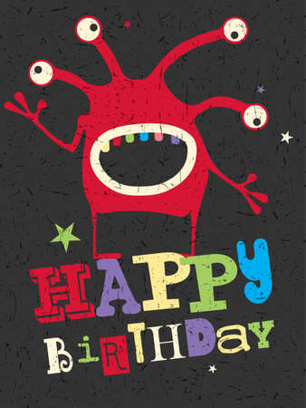 Happy birthday gift card with cute color monster. Cartoon illustration. Invitation postcardのイラスト素材