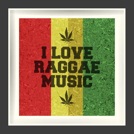 Text "I love raggae music" with cannabis leaves in white frame and grunge shapes on rastafarian flag.のイラスト素材