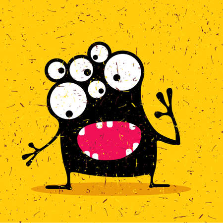 Cute black monster with emotions on grunge yellow background. cartoon illustration.のイラスト素材