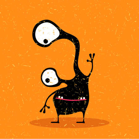 Cute black monster with emotions on grunge orange background. cartoon illustration.のイラスト素材