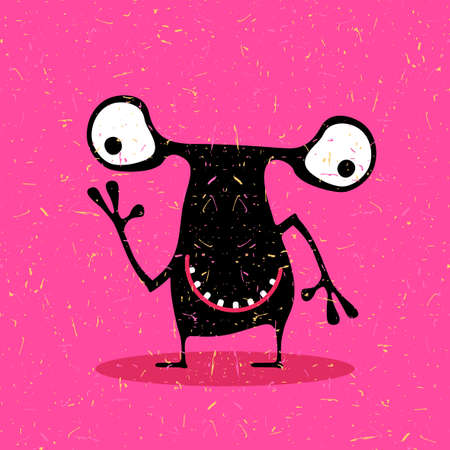 Cute black monster with emotions on grunge pink background. cartoon illustration.のイラスト素材