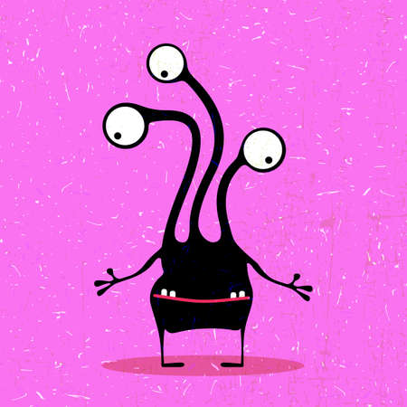 Cute black monster with emotions on grunge pink background. cartoon illustration.のイラスト素材